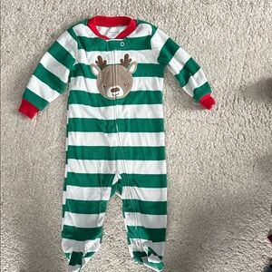 Carters Green and White Striped baby One Piece with Reindeer Design